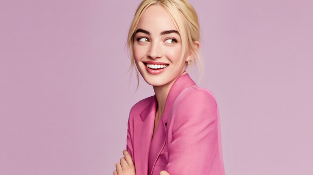medium close-up of a joyful woman in a bright pink blazer crossing her arms and glancing to the side, natural toothy smile, pastel lavender seamless background, soft directional light sculpts 