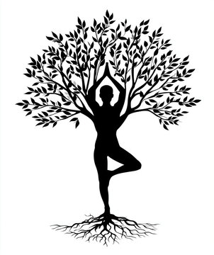 a black silhouette illustration representing a tree of life concept using a yoga pose,