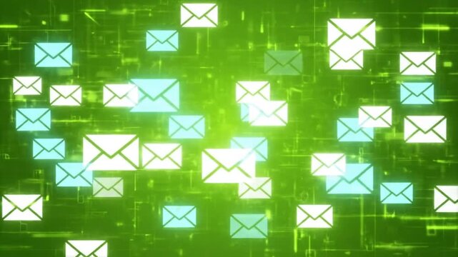 Digital communication concept with floating envelopes on a vibrant green background, conveying email marketing and technological networks