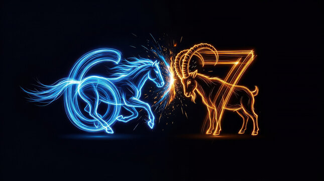 Dynamic Neon Horse 6 and Goat 7 Confrontation with Energy Sparks