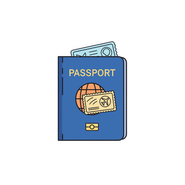 Blue Passport with Globe Icon and Flight Ticket Illustration