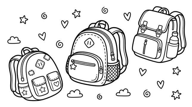 Set of three cute school backpacks with doodle elements like stars and hearts for children coloring book page