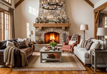 Fototapeta premium Cozy living room with stone fireplace, plush sofas, warm lighting, and rustic wood accents.