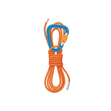 Coiled Climbing Rope with Blue Carabiner Icon, Mountaineering Gear Vector Illustration Isolated on White Background