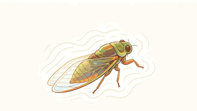 A stylized illustration of a vibrant green and golden cicada in flight, capturing summer movement