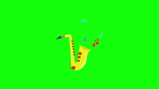 A lively golden yellow cartoon saxophone with red keys and blue mouthpiece stands centered on solid bright lime green background in vibrant vector style.