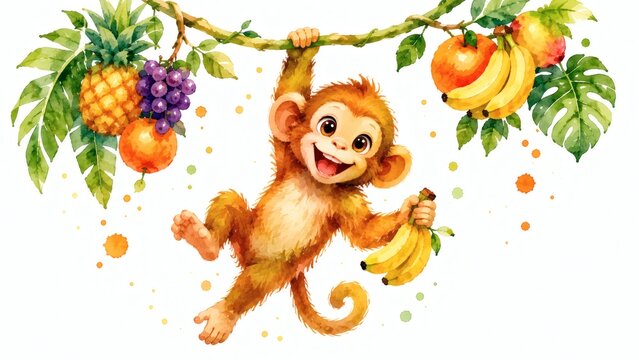 Cute Cartoon Monkey Hanging from Branch with Tropical Fruits Watercolor