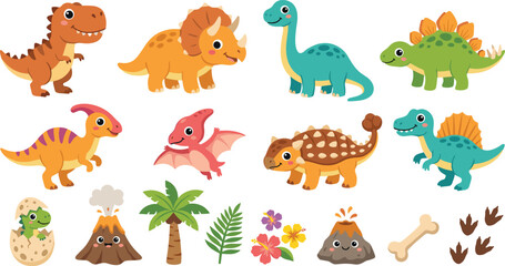 Cute Dinosaur Character Set Featuring Flying Pterodactyl, Purple Brachiosaurus, Spinosaurus, Dinosaur Bone, and Smiling Volcano for Vector Graphic Designs © Creative collection