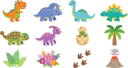 Cute Dinosaur Character Set Featuring T-Rex, Triceratops, Hatching Dino Egg, Palm Tree, Footprints, and Erupting Volcano for Vector Graphic Designs © Creative collection