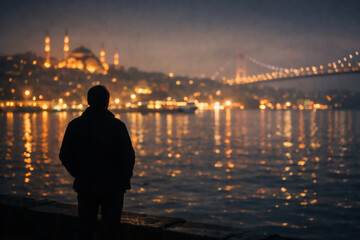 Fototapeta premium Silhouette of a lone person overlooking Istanbul's Bosphorus at night, with illuminated mosques and the Bosphorus Bridge creating a contemplative urban atmosphere.