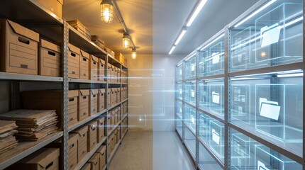 Naklejka na ściany i meble Archive room with cardboard box and digital file wall, showing paperless office, document scan, and secure archive digitization.