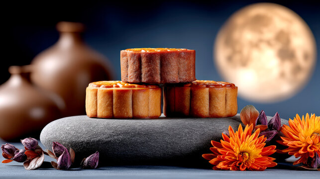 Traditional mooncakes with chrysanthemums and full moon celebrating Chinese Mid Autumn Festival