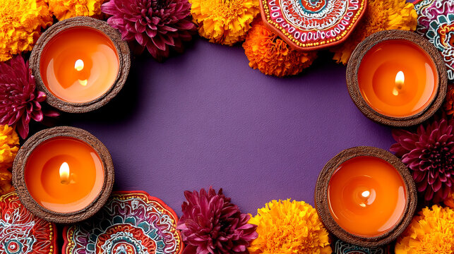 Diwali candles marigold flowers and rangoli decorations framing purple copy space background
