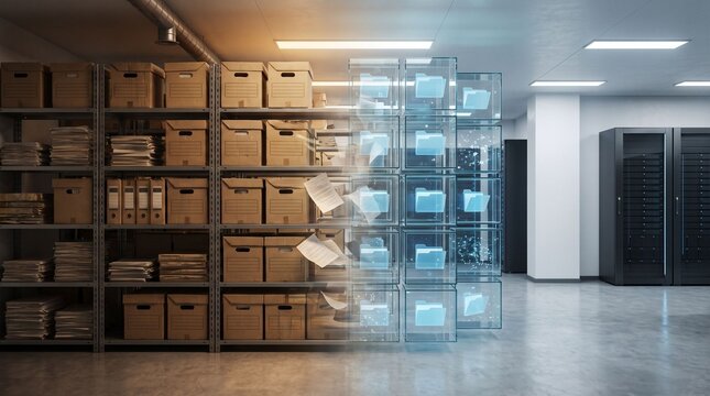 Cardboard archive box, glowing digital file, and server cabinet in modern office show paperless workflow and archive digitization for efficient record storage.