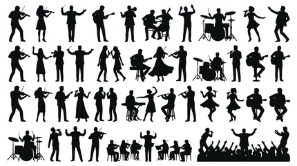 Comprehensive set of musician silhouettes featuring orchestra performers, band members, singers, conductors, guitarists, drummers, violinists, and audience in a professional flat vector style. © Ai