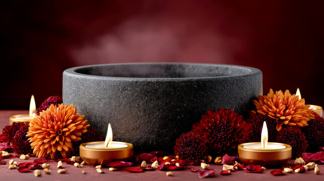 Diwali candles and chrysanthemums surrounding empty stone bowl against deep red background