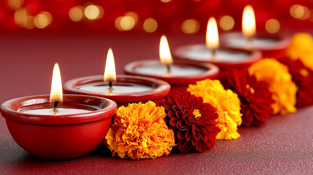 Glowing Diwali diyas with marigold flowers against festive red bokeh lights background