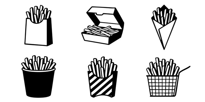 Vector illustrations of various french fry containers, depicting different ways to serve this popular snack