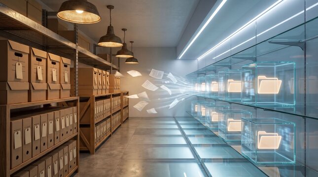 Paperless office corridor with archive shelf, file box and digital folder icon, showing document scan, record management and archive digitization.