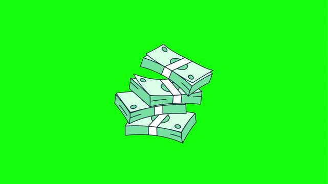 Animated stacks of cash flying across screen on green screen background with video animated bundles currency bills flying millionaire billionaire