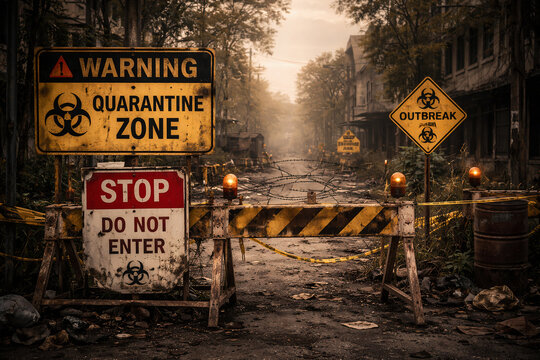Post-apocalyptic quarantine zone with biohazard warning signs, barricades, and abandoned streets, symbolizing pandemic, contamination, disaster, and restricted access.