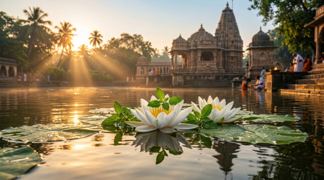 White lotus flowers floating on a sacred temple pond beside historic stone temples