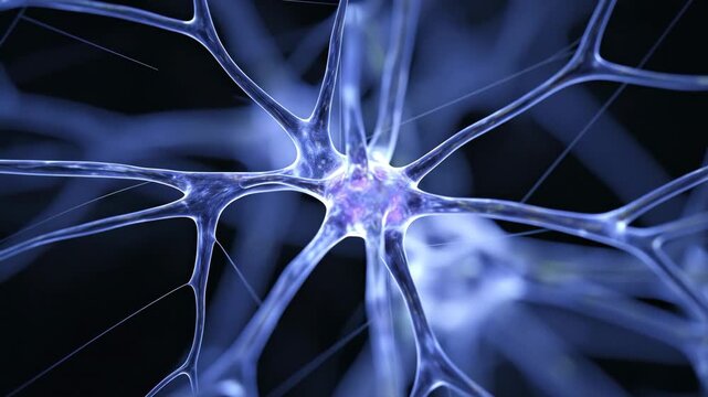 Abstract blue neuron network with glowing core representing brain activity.