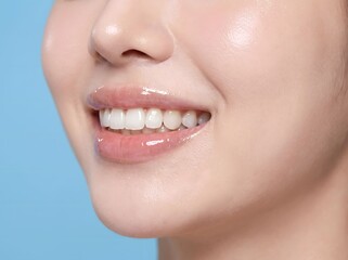Fototapeta premium Close up of woman smiling with glossy lips. Healthy teeth and skincare beauty concept.