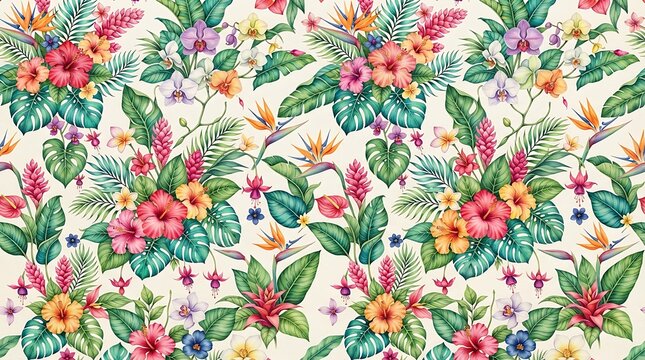 Tropical floral seamless pattern with hibiscus and exotic flowers