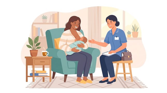 Lactation Consultant Assisting New Mother Breastfeeding Baby at Home During Postpartum Care Visit