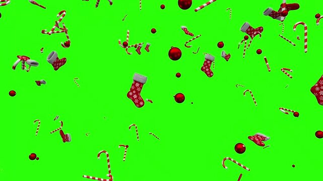 Christmas Falling Elements Animation with Candy Canes and Stockings Isolated on Green Screen Background for Holiday Projects