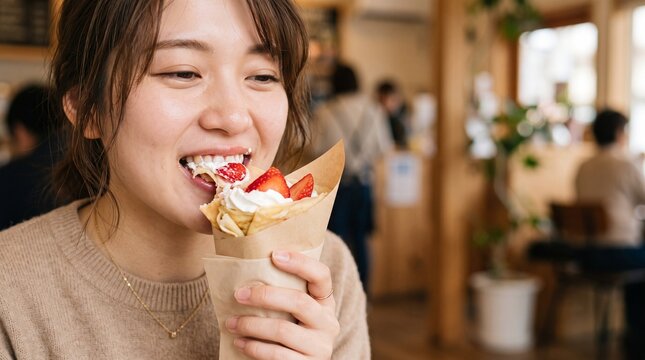 いちごクレープを笑顔で頬張る若い女性のカフェタイム