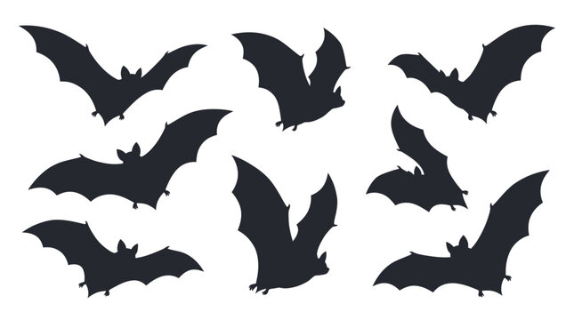 Halloween bat silhouettes set, black flying bats vector collection, spooky nocturnal animal icons for party invitations and seasonal decor