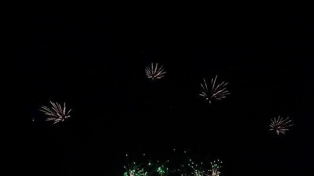 Colorful fireworks exploding in the night sky over black background for celebration and holiday event