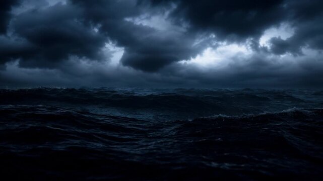 Dark stormy ocean waves with dramatic lightning and heavy clouds during night thunderstorm