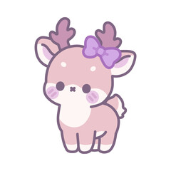 Fototapeta premium Cute cartoon deer illustration. Kawaii fawn character with a purple bow on white background.