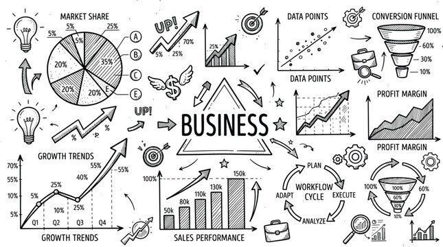 Collection of sketch infographic elements including sales performance bar graphs, pie charts, conversion funnels, and workflow cycles