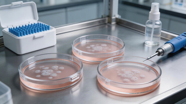 Sterile laboratory workspace with petri dishes, micropipette, sample tubes, and scientific equipment prepared for microbiology research and biomedical testing.