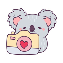 Cute koala holding a camera. Adorable animal character taking a photo with a heart lens. © NeuroVisual Lab