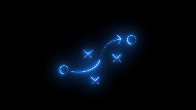Animated blue neon football play diagram with x's and circles on a black background, showcasing strategy and motion graphics.