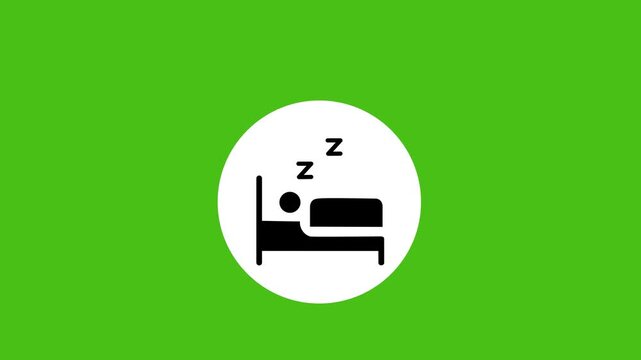Animated black and white sleep icon with a person in bed Sleep icon motion graphic animation on green background with bed and snoring symbol in white circle. animation