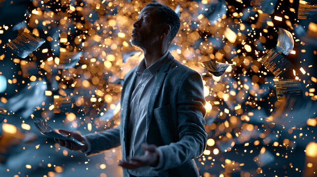 Office worker standing in a rain of glowing files and notifications with data overlays and real time timestamps, futuristic digital technology mood