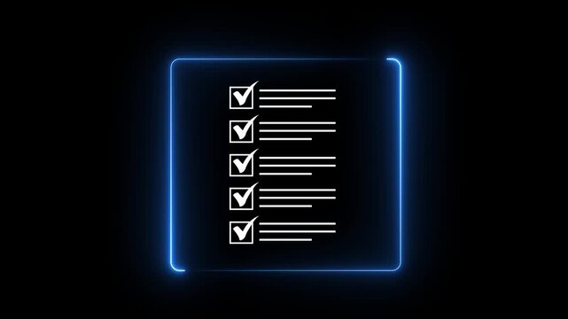 Digital Checklist: Completing tick mark document animation on black background. Efficient Workflow, Productivity