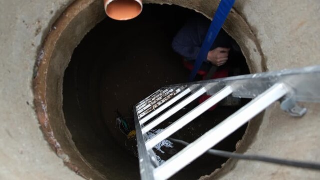 Service worker cleaning blocked sewer. A metal ladder descends into a concrete septic tank or sewer manhole with a plastic pipe. Maintenance work, utility service, underground infrastructure. 4k.