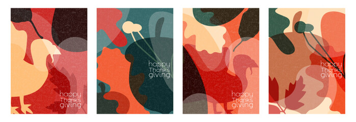 Happy Thanksgiving card set. Modern design with leaves, acorn and turkey silhouettes. © Stafeeva