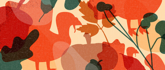 Autumn background with leaves and turkey silhouettes. Modern design. © Stafeeva