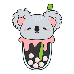 Cute koala inside a bubble tea cup. Kawaii animal illustration with boba drink. © NeuroVisual Lab