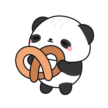 Cute panda holding a pretzel. Kawaii bear character eating a snack.