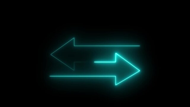 Glowing neon direction left and right arrow icon animation neon sign signal information,two neon-style arrows pointing in opposite directions sign symbol black background. animation 4k video