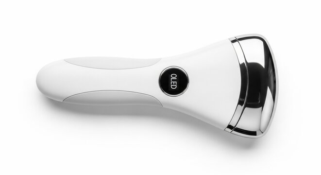 Modern white and silver handheld medical ultrasound probe transducer device.